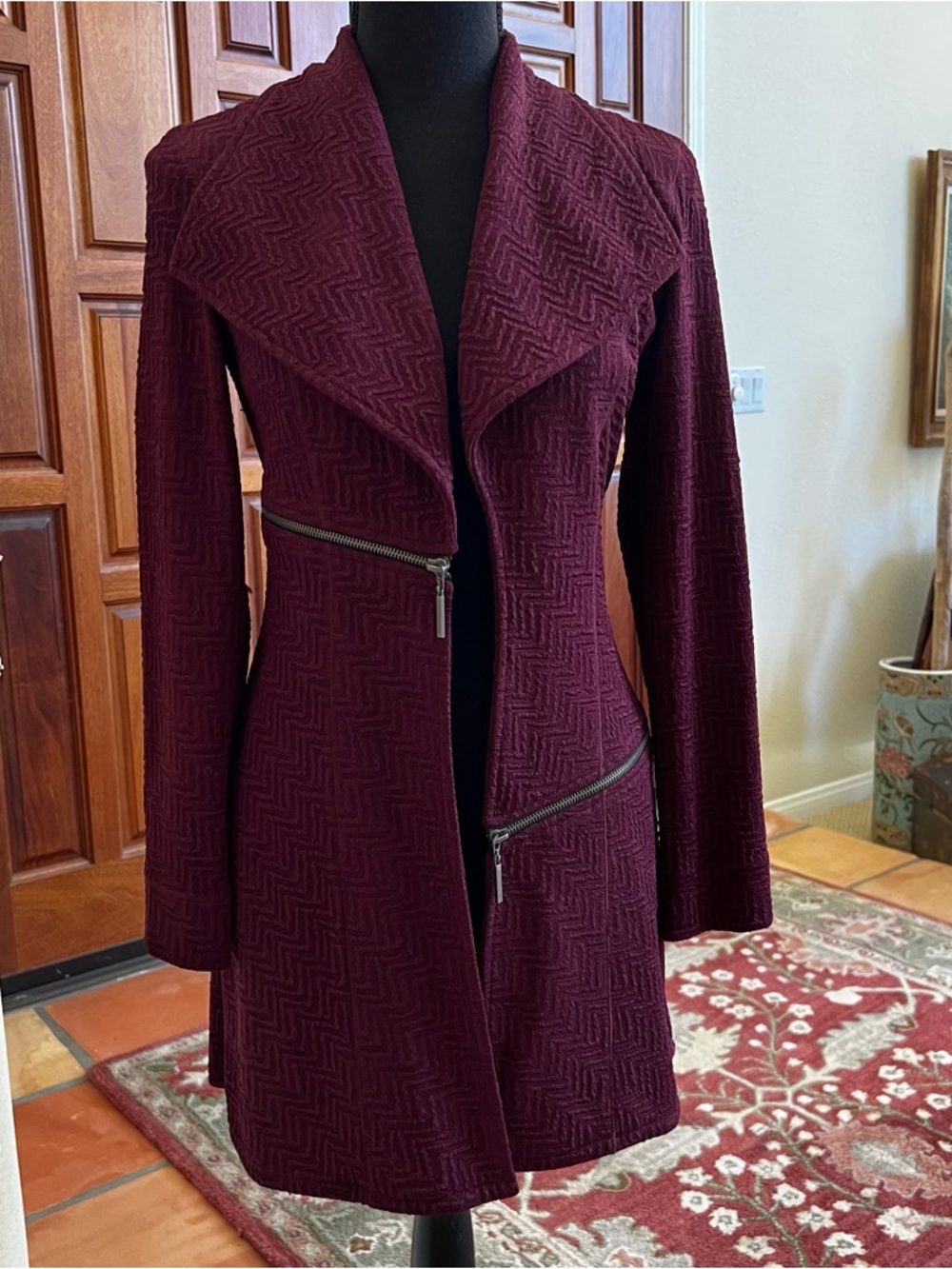Eva Varro Coat Womens XS Wine Textured Knit Asymmetrical Zip Lined Overcoat